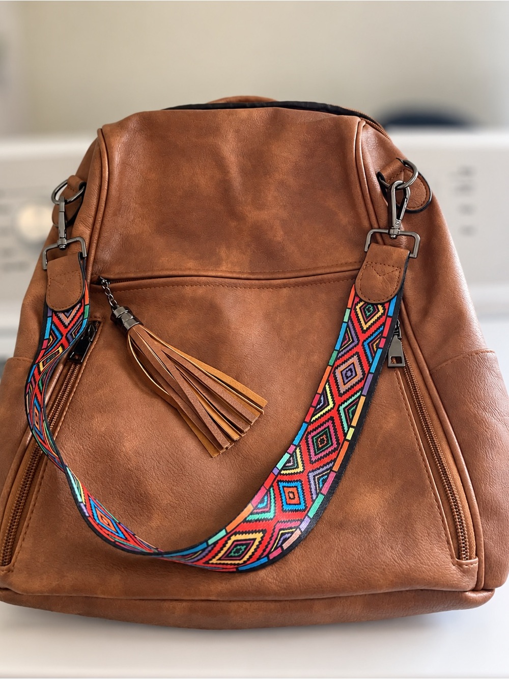 FADEON Brown Vegan Leather Convertible Backpack Purse Boho Strap